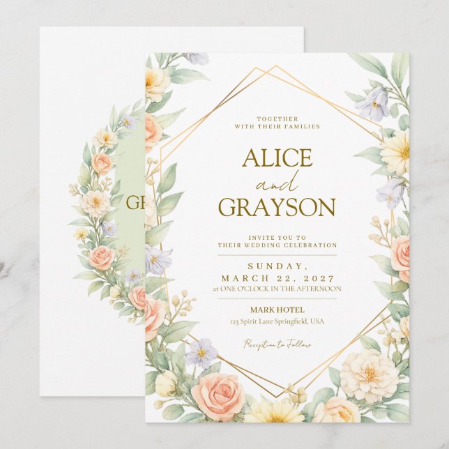 Spring Boho Colorfull Floral Watercolor Wedding Invitation (Front/Back)