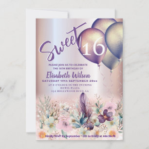 Spring Boho floral Girly balloon glittery    Invitation