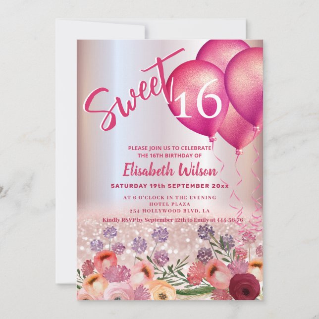 Spring Boho floral Girly balloon glittery    Invitation (Front)