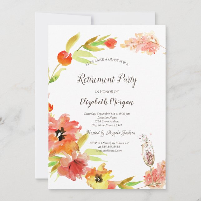 Spring Boho Flowers Glass Retirement  Invitation (Front)