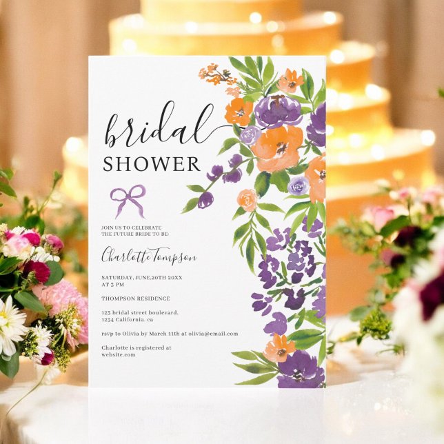 Spring Boho Purple Orange Floral bridal shower Invitation (Spring Boho Purple Orange Floral bridal shower Invitation)