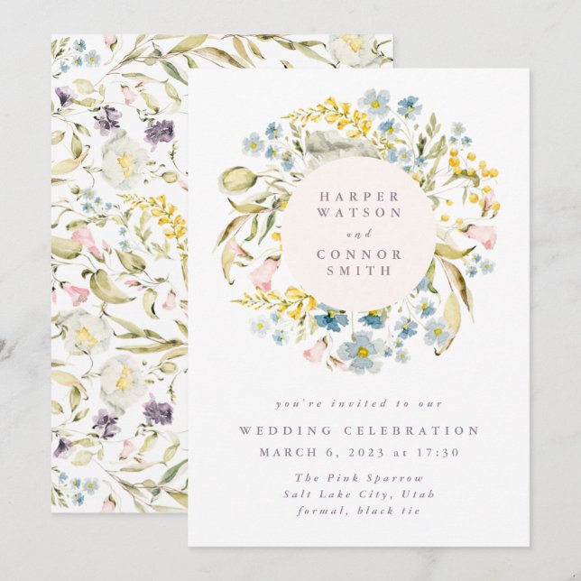 Spring Boho Wildflower Pampas Wreath Wedding Invitation (Front/Back)