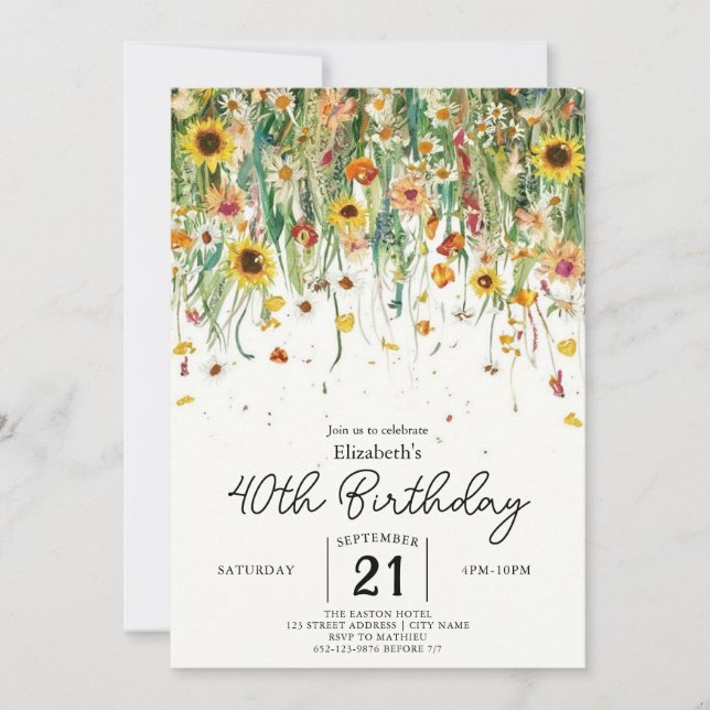 Spring Boho Wildflowers 40th birthday Invitation (Front)