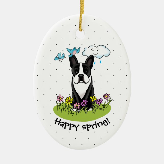 Spring Boston Terrier (black) Cute dog Ceramic Tree Decoration (Front)