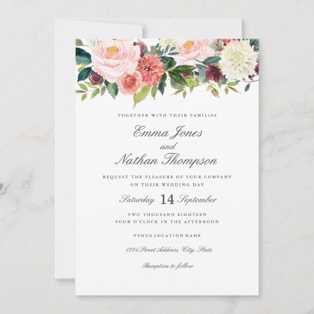 Spring Botanical Watercolor Floral Wedding Invitation (Front)