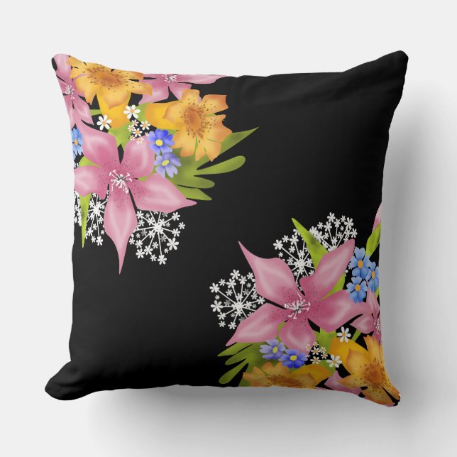 Spring bouqet floral flowers pink yellow blue whit cushion (Front)