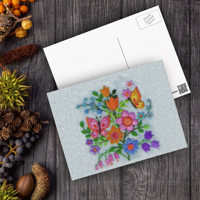 Spring Bouquet Flowers Butterflies Postcard (Embroidered look bouquet colourful flowers with butterflies on grey postcard.)