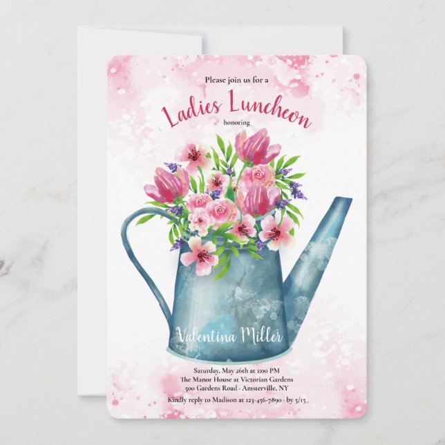 Spring Bouquet in Watering Can Luncheon Invitation (Front)