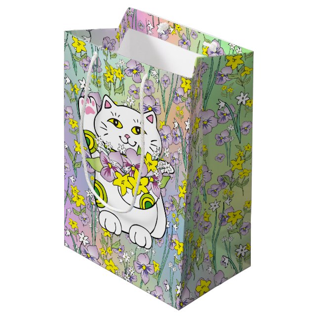 Spring Bouquet Maneki Neko (Lucky Cat) Medium Gift Bag (Front Angled)
