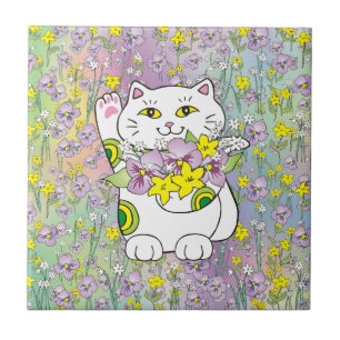 Spring Bouquet Maneki Neko (Lucky Cat) Tile