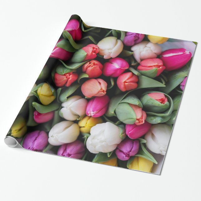 Spring Bouquet of Colourful Tulip Blooms Wrapping Paper (Unrolled)
