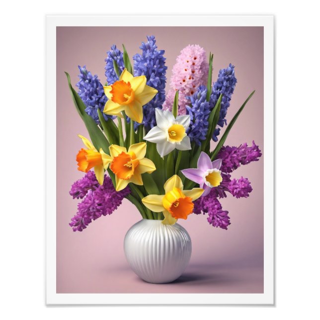 Spring Bouquet of Daffodils Hyacinths White Vase Photo Print (Front)