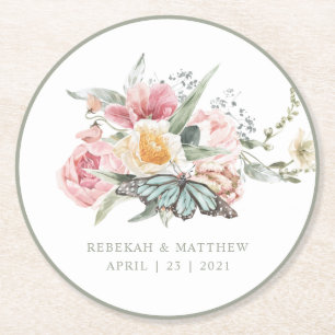 Spring Bouquet   Tulip and Butterfly Watercolor Round Paper Coaster