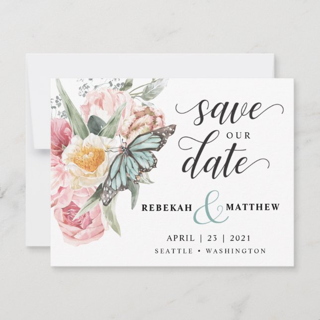 Spring Bouquet | Tulip and Butterfly Watercolor Save The Date (Front)