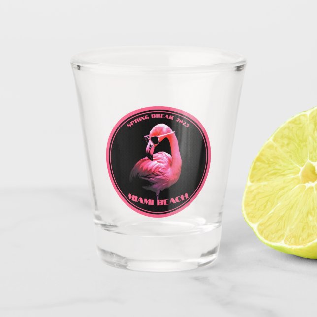 Spring Break Miami Beach Flamingo Sunglasses Shot Glass (Front)