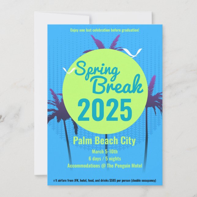 Spring Break Palm Tree Invitation Blue (Front)