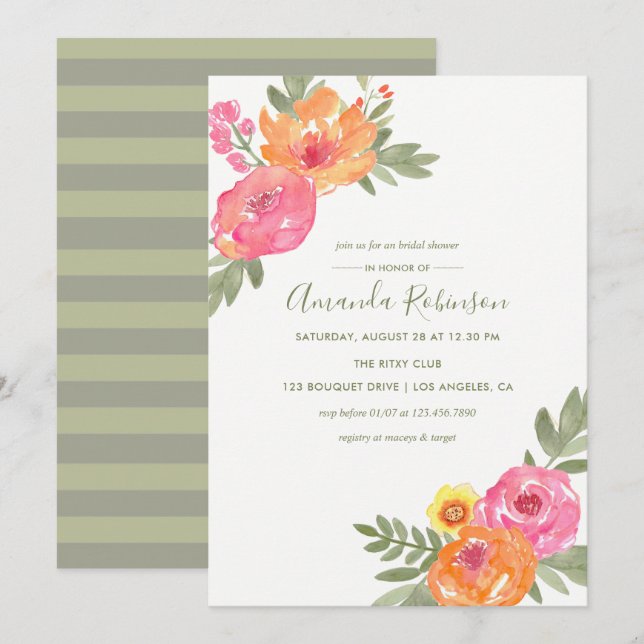 Spring Bridal Shower watercolor flowers invite (Front/Back)