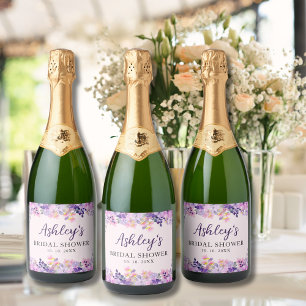 Spring Bridal shower with wildflowers Purple Colou Sparkling Wine Label