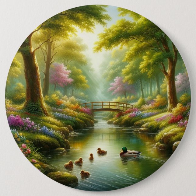 Spring brook with ducks/flowers 6 cm round badge (Front)