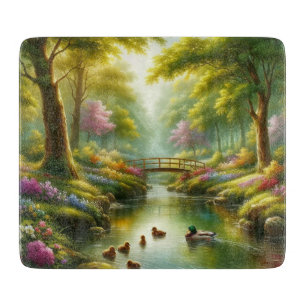 Spring brook with ducks/flowers cutting board