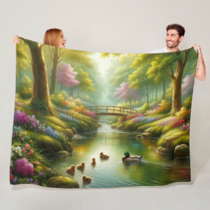 Spring brook with ducks/flowers fleece blanket