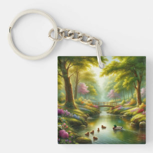 Spring brook with ducks/flowers key ring