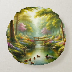 Spring brook with ducks/flowers round cushion