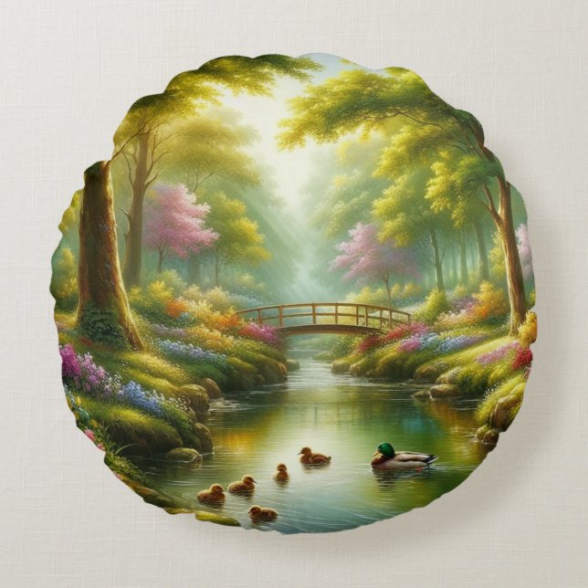 Spring brook with ducks/flowers round cushion (Front)