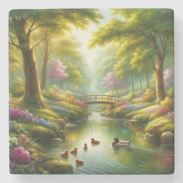 Spring brook with ducks/flowers stone coaster (Front)