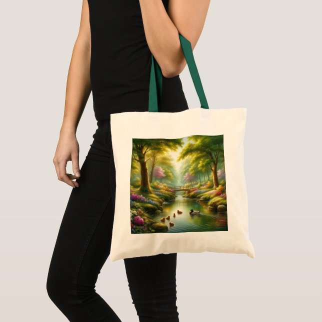 Spring brook with ducks/flowers tote bag (Front (Product))