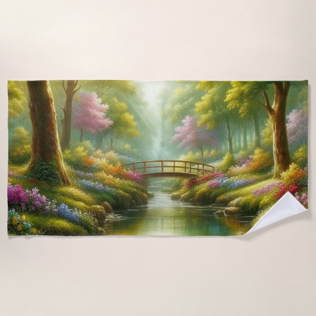 Spring brook with flowers beach towel (Front)