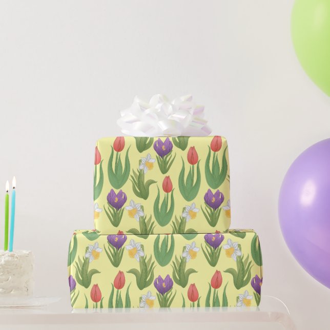 Spring Bulbs Floral Illustration on Yellow Wrapping Paper (Party Gifts)