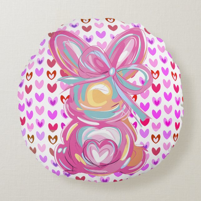 Spring bunnies and hearts round cushion (Front)