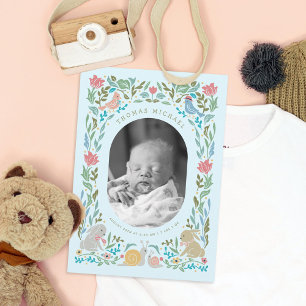 Spring Bunnies Birds Snail Blue Photo Birth Invitation