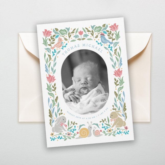 Spring Bunnies Birds Snail Photo Birth Invitation (Creator Uploaded)