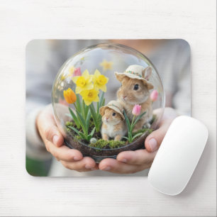 Spring Bunnies in Terrarium Held by Child's Hand Mouse Mat