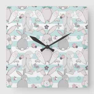 Spring bunnies square wall clock