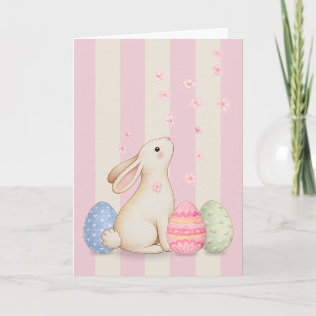 Spring Bunny and Eggs Pink Stripes 5x7 Easter Card (Front)