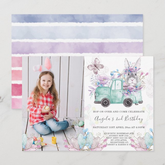 Spring Bunny Birthday Photo Invitation (Front/Back)