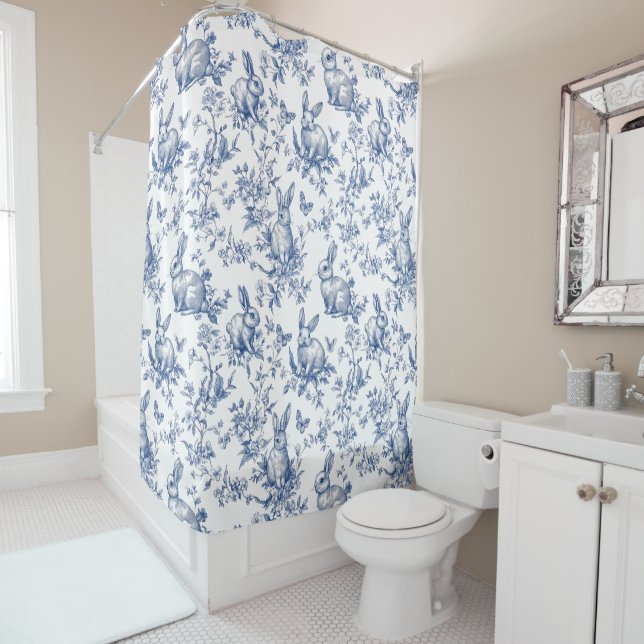Spring Bunny Blue Chinoiserie Bathroom Shower Curtain (In Situ)
