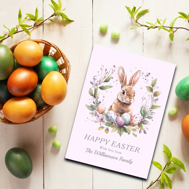 Spring Bunny Easter Eggs Wreath Personalised Holiday Card (Personalize with your Family Name and Greeting, change text as required.)