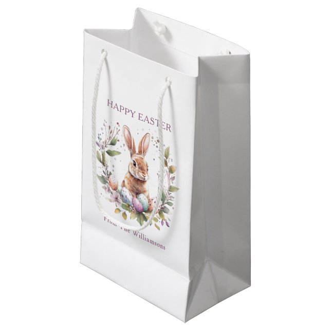 Spring Bunny Easter Eggs Wreath Personalised Small Gift Bag (Front Angled)