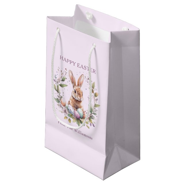 Spring Bunny Easter Eggs Wreath Personalised Small Gift Bag (Front Angled)
