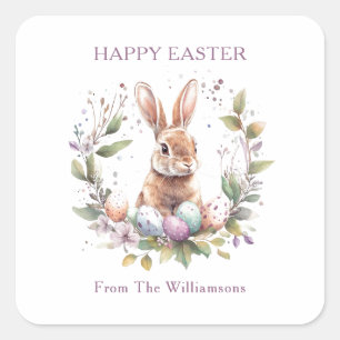 Spring Bunny Easter Eggs Wreath Personalised Square Sticker