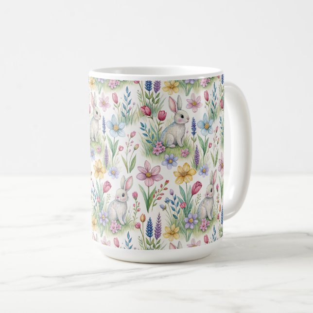 Spring Bunny Garden Pattern Coffee Mug (Front Right)