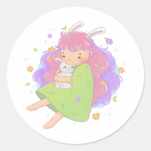 Spring Bunny Girl Illustration Classic Round Sticker