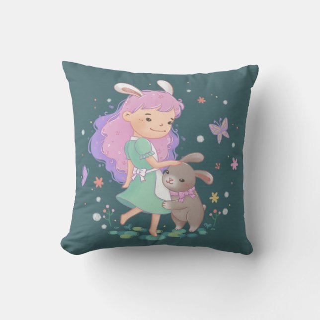 Spring Bunny Girl Illustration Cushion (Front)