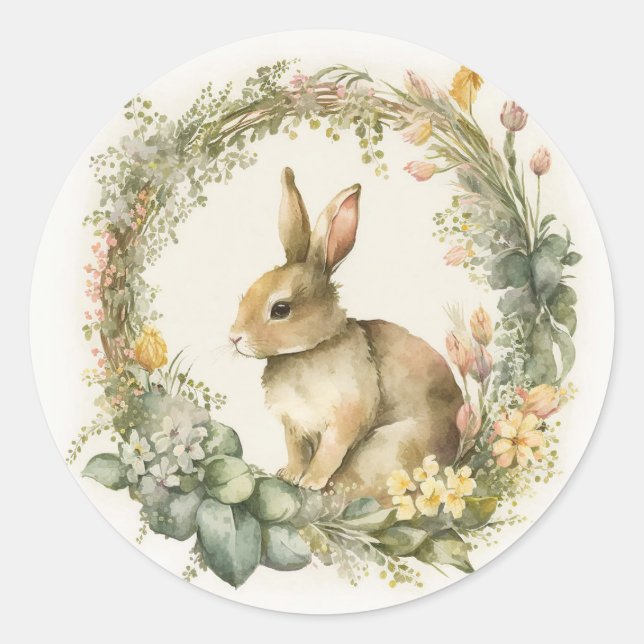 Spring Bunny In Floral Wreath Classic Round Sticker (Front)