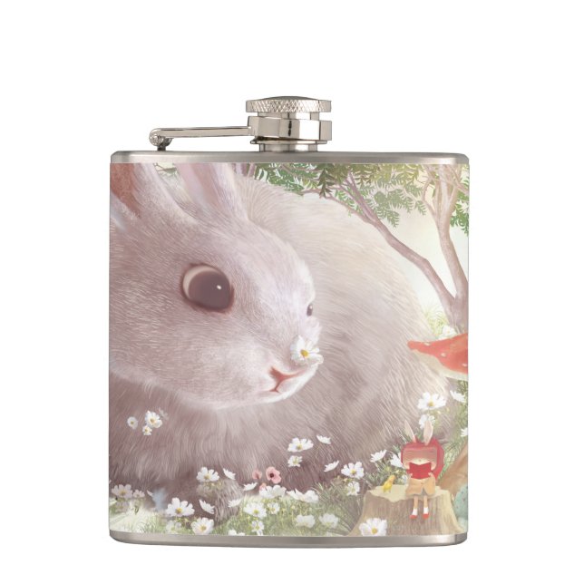 Spring Bunny: Realistic Rabbit in Flower Garden Ar Hip Flask (Front)