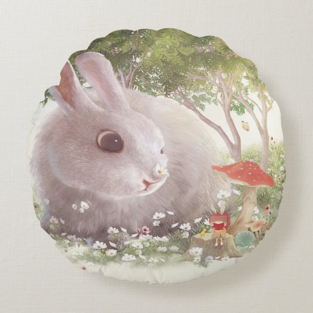 Spring Bunny: Realistic Rabbit in Flower Garden Ar Round Cushion (Front)